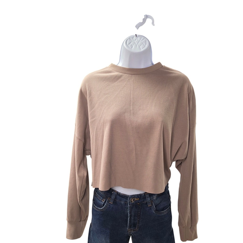 Fitz + Eddi Ribbed Cropped Long Sleeve Top M Neutral Tan Streetwear 0172